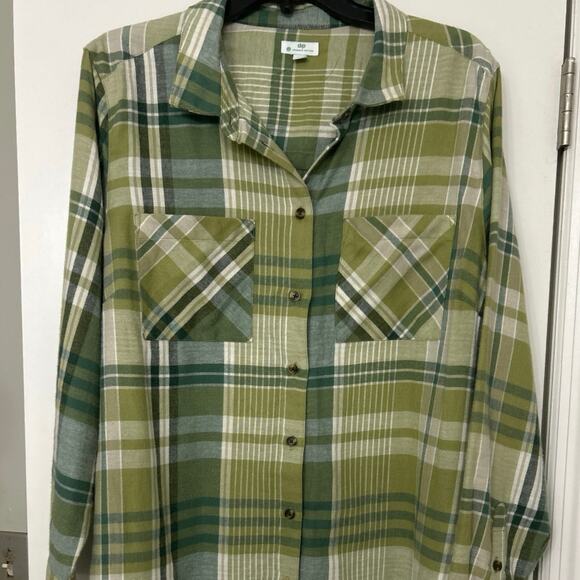 Dip Organic Cotton Green Plaid Lightweight Flannel Button Down Size 1X - Picture 3 of 12